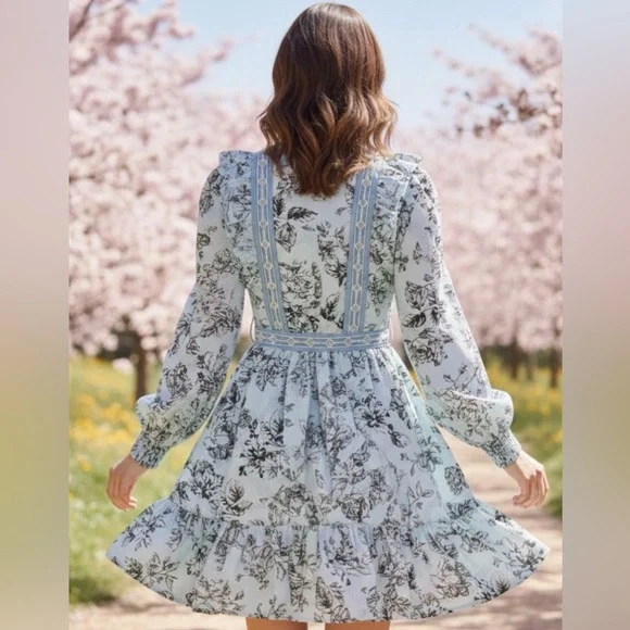 ANTHROPOLOGIE Light Blue and Black Floral Long Sleeve Mini Ruffled Dress XXS - Picture 2 of 5